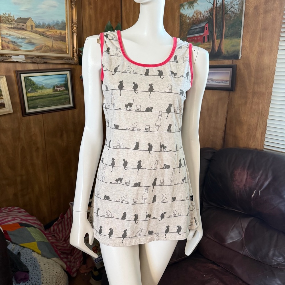 Gray and Pink Cat Print Tank Top